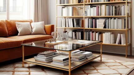 Modern Living Room with Cozy Sofa and Stylish Bookshelf Display
