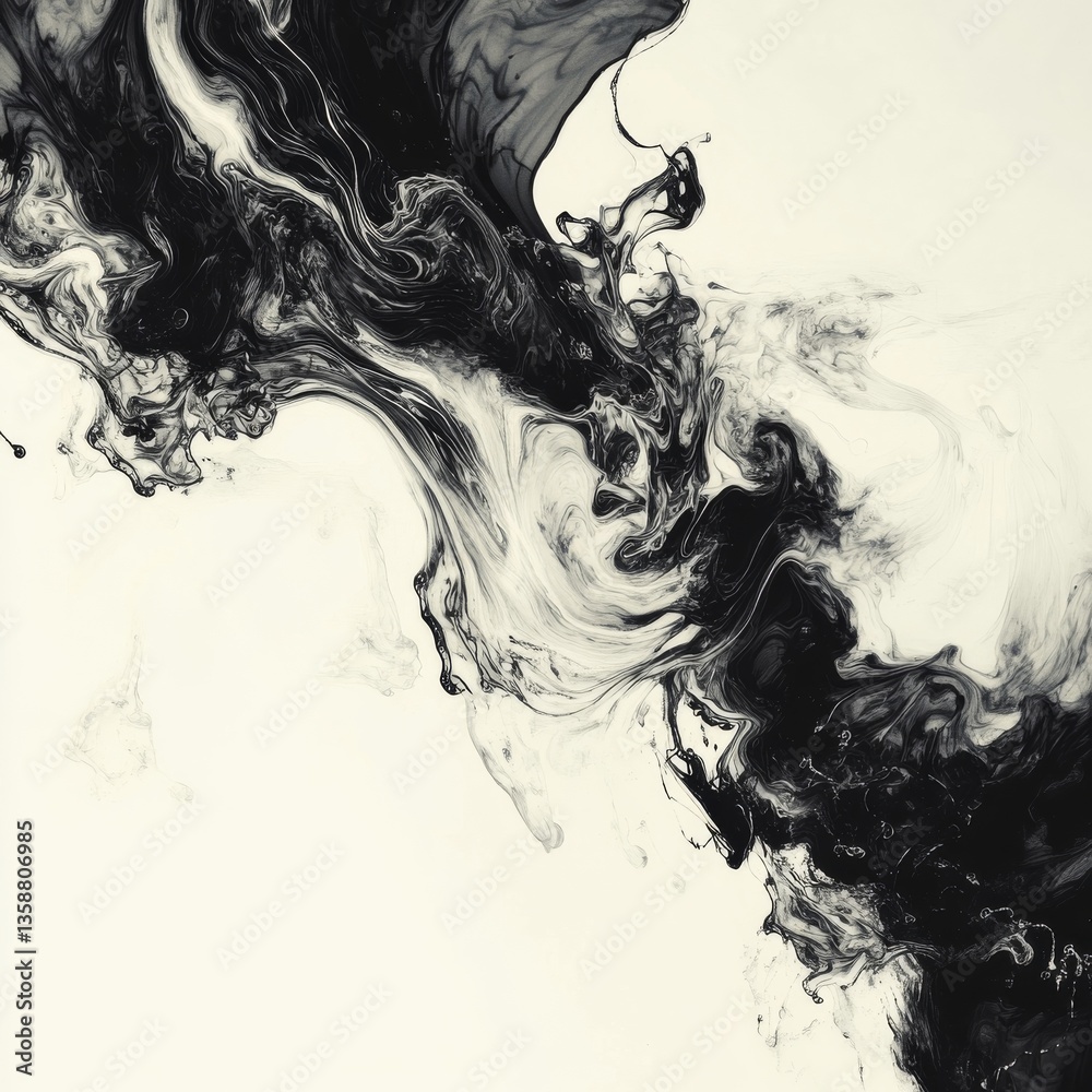 Aufkleber monochrome abstract: dynamic swirls and textures in black ink and fluid paint on cream white paper c
