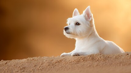 West Highland White Terrier Lying on Sand with Soft Warm Light