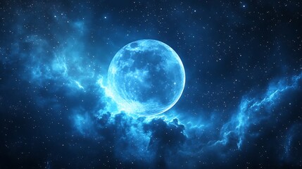 Fototapeta premium Bright Blue Moon Illuminates Starry Night Sky With Cosmic Clouds