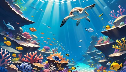 Pixel Art Sea Turtle in Vibrant Coral Reef Underwater Scene