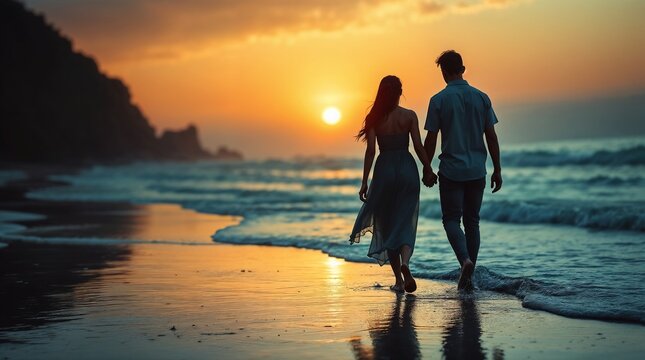 Romantic duo walking side by side on the beach, soft waves touching their feet, golden hour magic