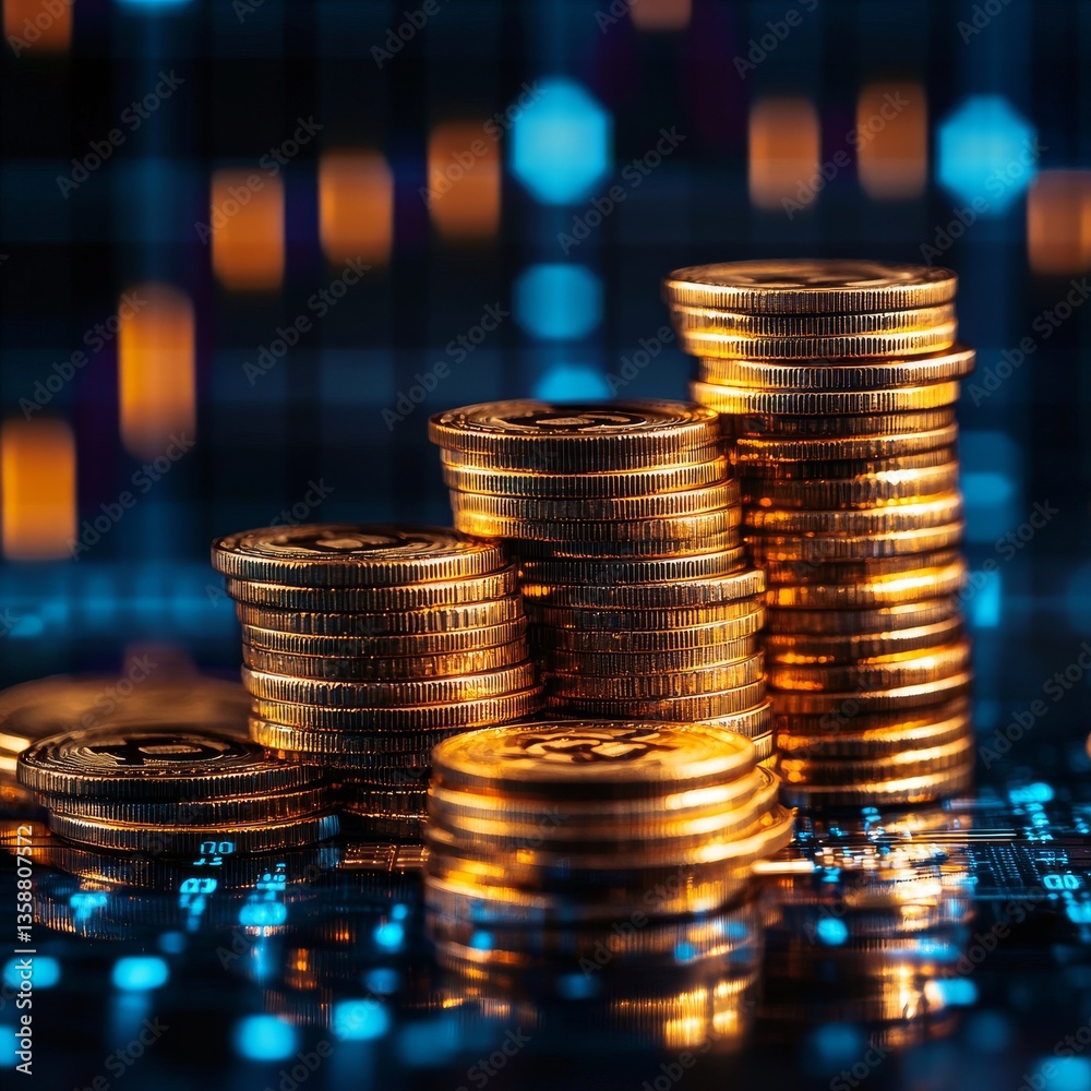 Aufkleber stacks of golden coins on circuit board with blurred stock market chart background