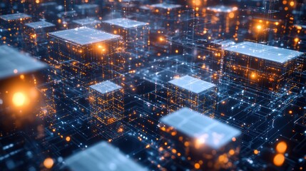 Fototapeta premium Abstract digital network of glowing cubes. Background of interconnected nodes. Possible use in technology, innovation, or data visualization