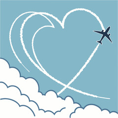 Airplane trail forming a heart shape in the sky vector design