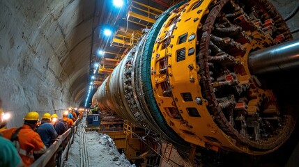 Large Tunnel Boring Machine in Operation Within Underground Construction Site with Workers Wearing Safety Gear and Equipment