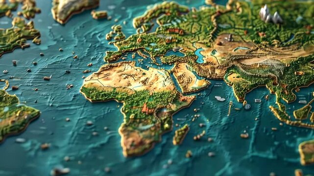 Explore a detailed topographical map of the world showcasing landforms and water bodies with vibrant colors and realistic textures