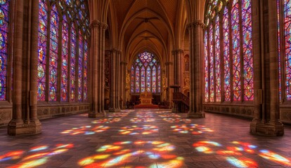 Cathedral interior with colorful stained glass windows,