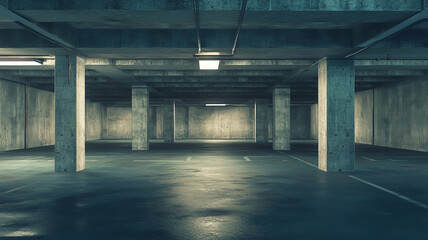 The basement room on the bottom floor of the building's parking lot is empty in an industrial cast concrete style