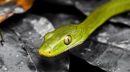 Obraz premium Vibrant green snake slithering across a black and white forest floor blending yet standing out