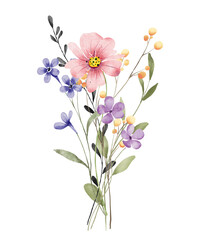 Watercolor wildflowers bouquet, digital floral illustration. Isolated on white background. Perfectly for greeting cards, invitations, poster design.