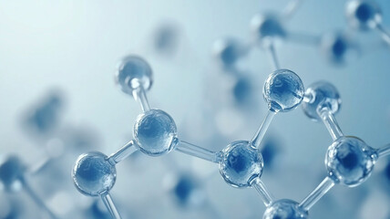 A futuristic, abstract 3D visualization of molecular structures in a glowing blue and purple atmosphere.