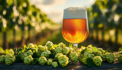  A glass of beer with a frothy head on top, surrounded by green plant material in the shape and color resembling hop bines laying around