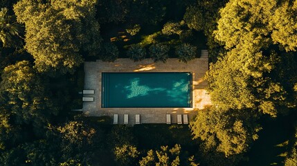 Architectural masterpiece with an expansive pool nestled in lush greenery clean modern lines soft shadows from overhead trees cinematic shot. 