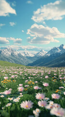 Fototapeta premium Flower field in front of a mountain range