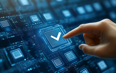 A hand touches the checkmark on an electronic document icon with boxes and lines. Digital art
