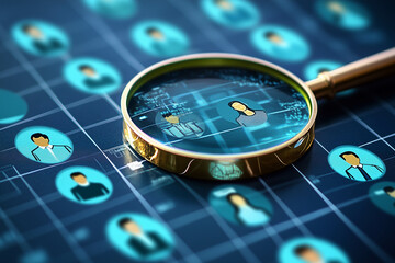 A magnifying glass hovers over icons of people in green and blue on a grid background