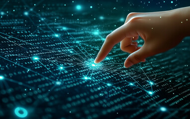 A hand pointing at the word "AI" on an AI icon with a blue holographic background