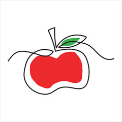 Single Line Drawing of an Apple with Red Fill and Green Leaf on White Background