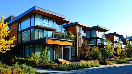 Fototapeta premium Architecturally unique townhouses combining glass wood and steel accents vibrant landscaping under a sunny blue sky panoramic view. 