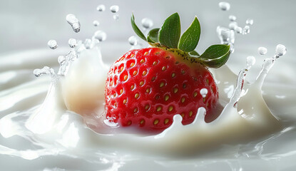 A strawberry is placed in the center of white milk