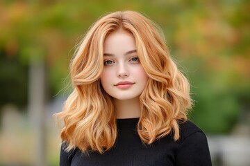 Fototapeta premium Captivating outdoor portrait of a young woman with orange and golden hair at sunset