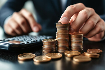 Businessman using a calculator and holding a stack of coins on a table