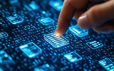 Hand touching a data storage icon on a digital screen