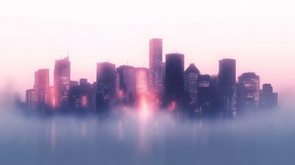 Obraz premium Atmospheric fog covering a small city skyline seamless horizontal arrangement glowing window lights isolated on white background minimalistic. 