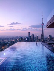 Fototapeta premium Rooftop Infinity Pool for Cityscape Sunset.