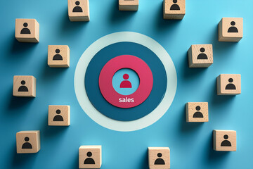Wooden blocks with people icons on a blue target background