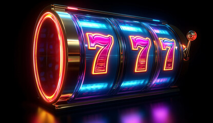 3D render of a slot machine with neon lights