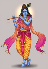 Fototapeta premium Lord Krishna Playing Flute in Colorful Traditional Attire with Radiant Background