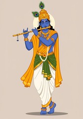 Obraz premium Enchanting Illustration of Lord Krishna Playing Flute in Traditional Attire
