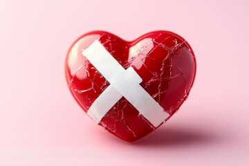 A red heart with a bandage on a pink background