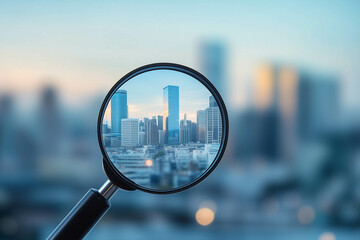 Close-up of a magnifying glass with a blurred cityscape background