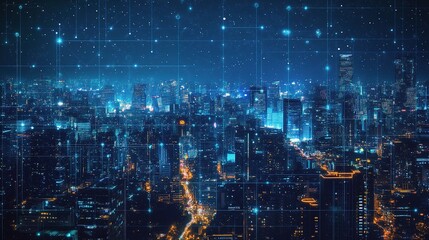 Futuristic City Skyline with Glowing Digital Network at Night