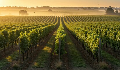 Fototapeta premium Vineyard rows in the golden morning light,