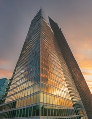 Modern Skyscraper facade Reflecting Sunset Hues