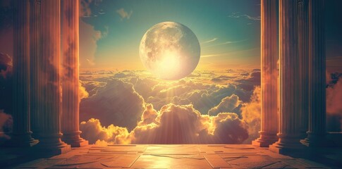 a beautiful view of the sky with sun rays, the moon ad clouds