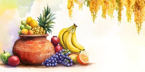 Watercolor illustration of fruits and konna flowers for vishu celebration.
