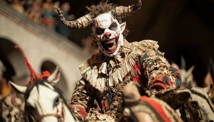 Horrific devilish figure in festive costume rides horse amid onlookers at parade