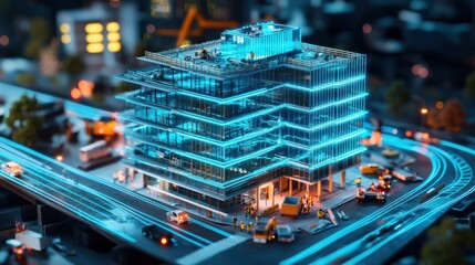 Illuminated model city building, futuristic cityscape, miniature, urban design
