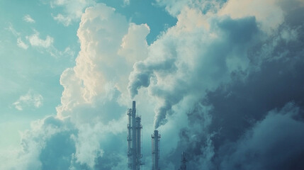 A chemical plant is releasing steam and gas into the atmosphere, creating a visible plume against the blue sky, highlighting industrial operations and environmental concerns.