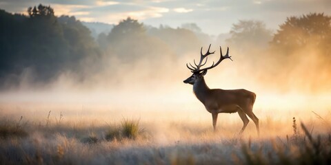 Majestic Stag in Morning Mist, Silhouetted Against a Golden Sunrise Over a Serene Meadow