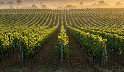 Vineyard rows in golden light, with mist in the distance at sunrise,