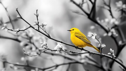 Naklejka premium Vibrant yellow warbler singing on a monochrome branch its feathers radiating warmth against the cool background