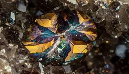 Macro shot of a colorful crystal cluster with sharp details and iridescent sheen,