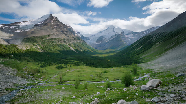 A valley with green meadows is surrounded by rocky outcroppings and majestic, snow-capped mountains under a cloudy sky. This landscape image can be used as stock photography.