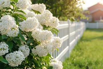 White hydrangea blooms by a fence. Peaceful garden scene with sunlight. Stock photo